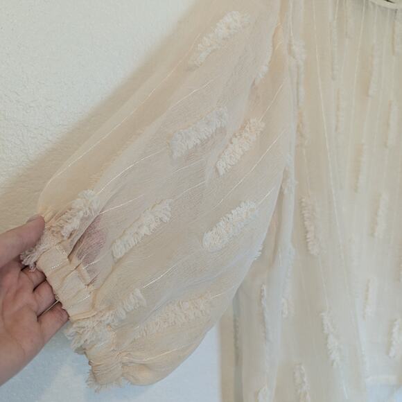 Oddi Cream Beige Linen Like Textured Weave Balloon Sleeve Blouse Size XL Beachy - Picture 4 of 8